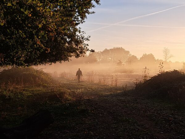Wandelende man met zonsopgang in de mist